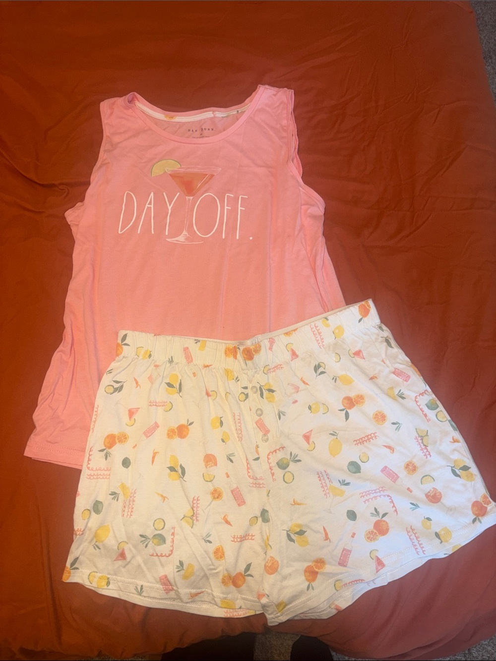 Rae Dunn Pink 'DAY OFF' Tank with White Fruit-Print Pajama Shorts
